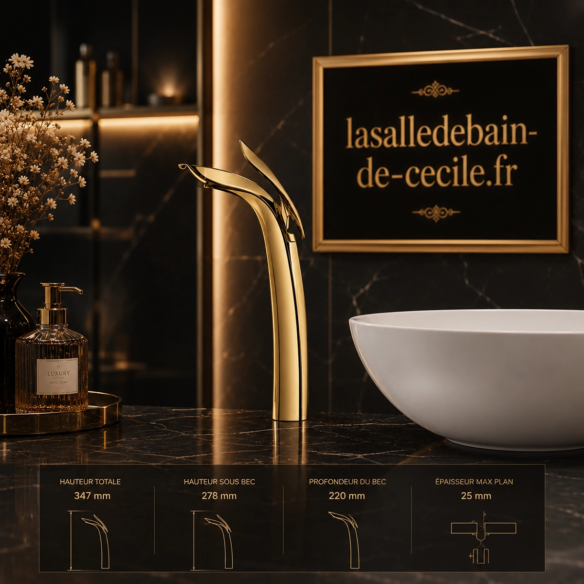 Détail mitigeur lavabo doré Kopt